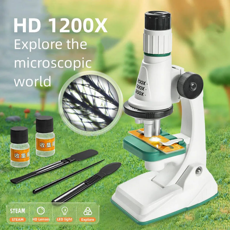 Microscópio Portátil 1200X - Kit de Microscópio de Alta Definição e Ferramentas Experimentais para Educação Infantil e Experimentos de Laboratório